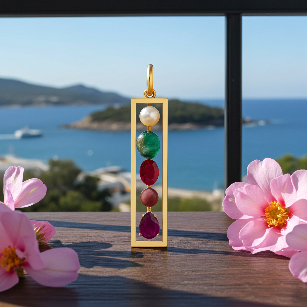 Custom Multi Gemstone Pendant in Rectangular Gold-Plated Bezel