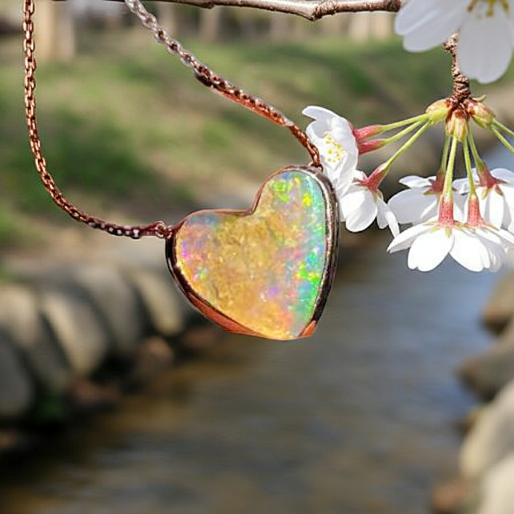 AAA+ Grade Australian Opal Fire Gemstone, 15 To 20 Mm, Opal Heart in Custom Gold-Plated Bezel