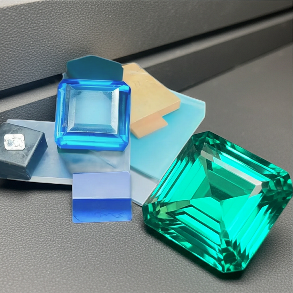 Customize your own with Raw Nano Gemstones including 3 Carat Emerald Cut Moissanite & a 10 Carat Square cut Faceted Blue Topaz