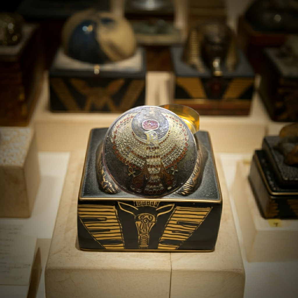 RA Egyptian God Cloisonne lid Circular Metal Trinket Box