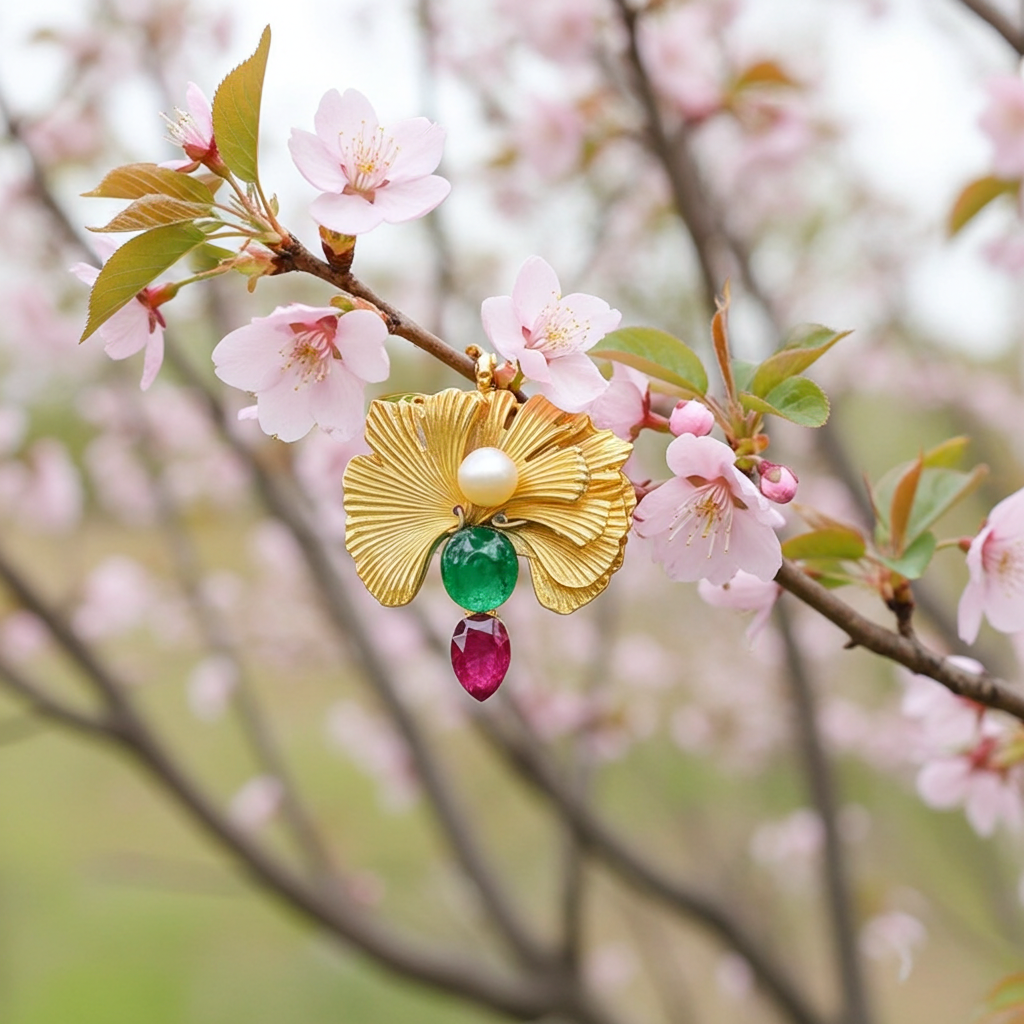 3" Gold-Plated Ginkgo Leaf Pendant with 6mm Cultured Pearl Inset over 5 Carat Cabachon Emerald and 5 Carat Pearl Shaped Ruby