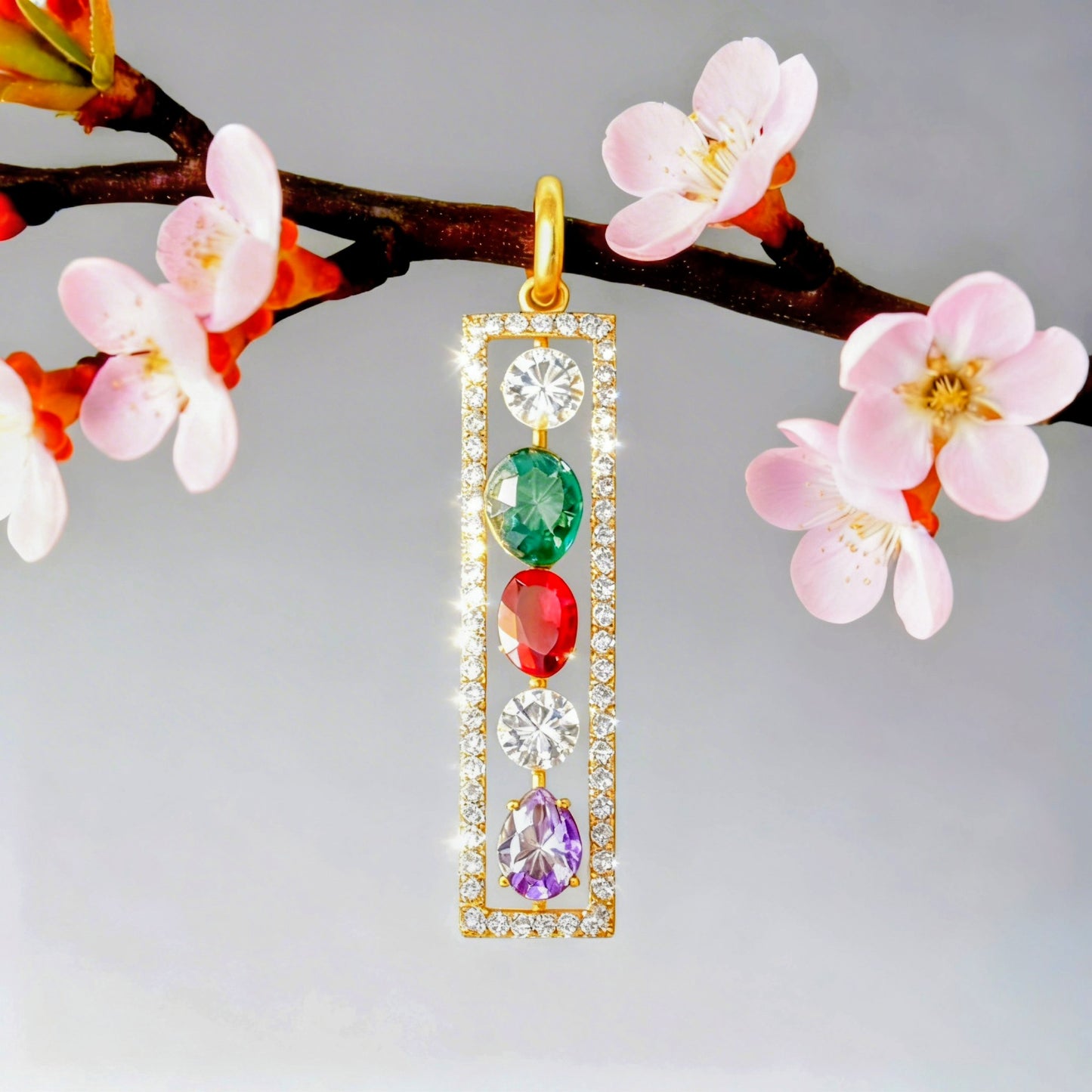 Custom Multi Gemstone Pendant in Rectangular Gold-Plated Bezel