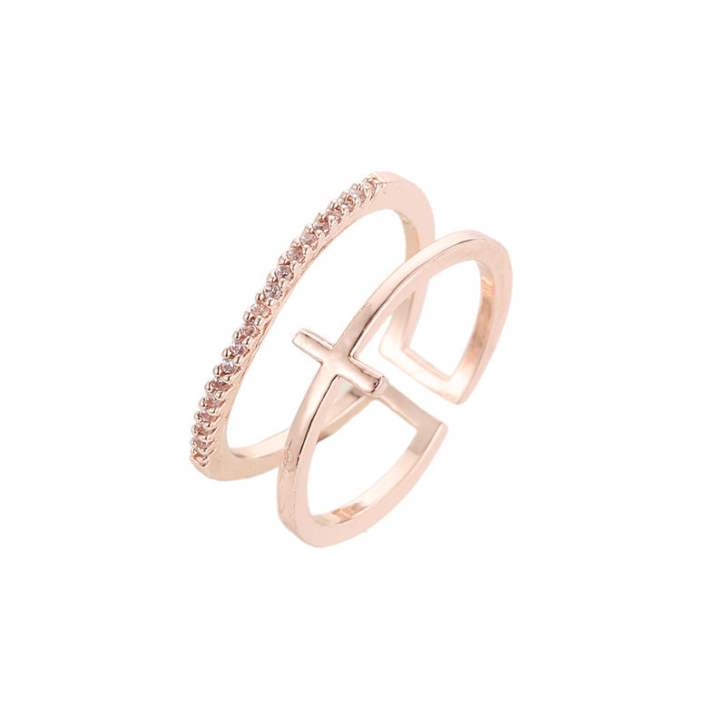 Rose Gold Cross Inlay Adjustable Ring - Trendy Design