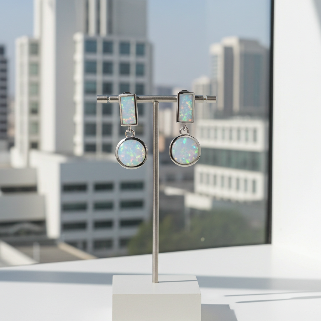 New 18KT White Gold over 925 Solid Sterling Silver Fire Opal Designer Exclamation Point Statement Earrings.