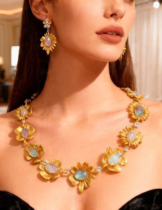 Aqua Opal Bid Necklace with Faceted Moissanite Accents in Gold Floral Setting.
