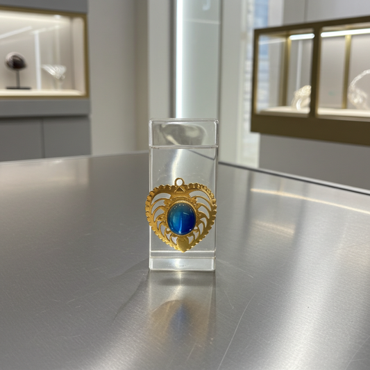 5 Carat Cabachon Sapphire in Gold-plated Filligree Heart Shaped Bezel Pendant.