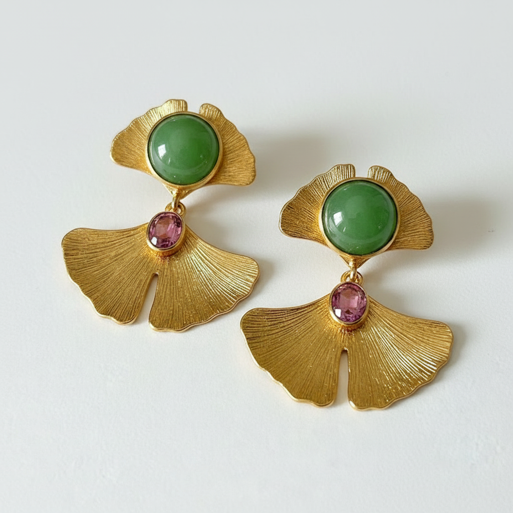 Jade and Gemstone Gold-plated post Ginkgo Leaf earrings