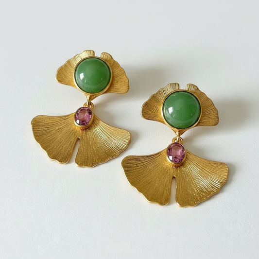 Jade and Gemstone Gold-plated post Ginkgo Leaf earrings