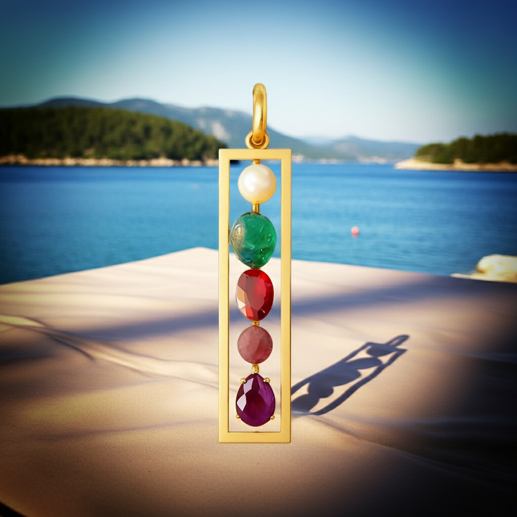 Custom Multi Gemstone Pendant in Rectangular Gold-Plated Bezel