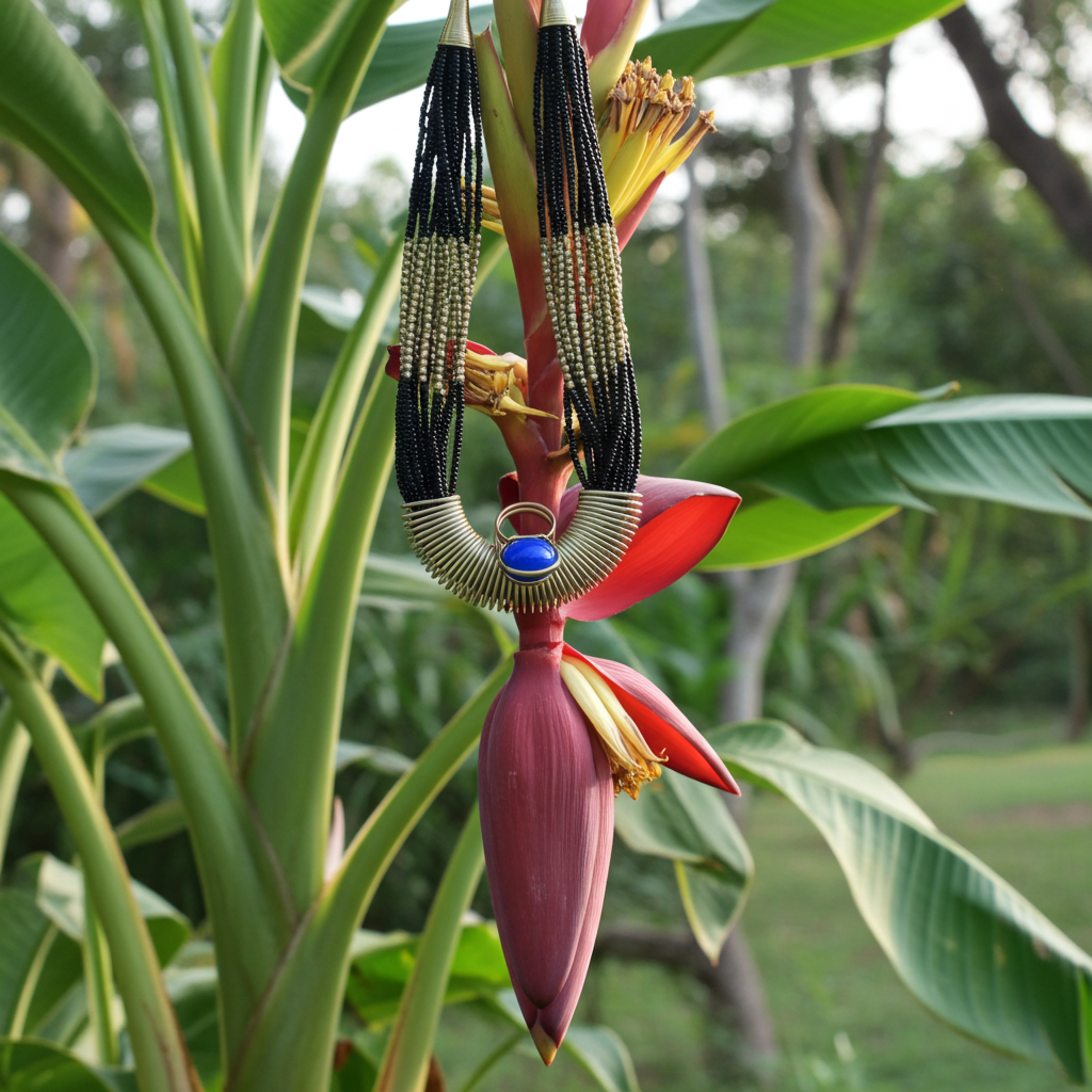 12"Boho Ethnic Jewelry set with beaded tribal necklace with Circular Stainless Steel tubular inset.