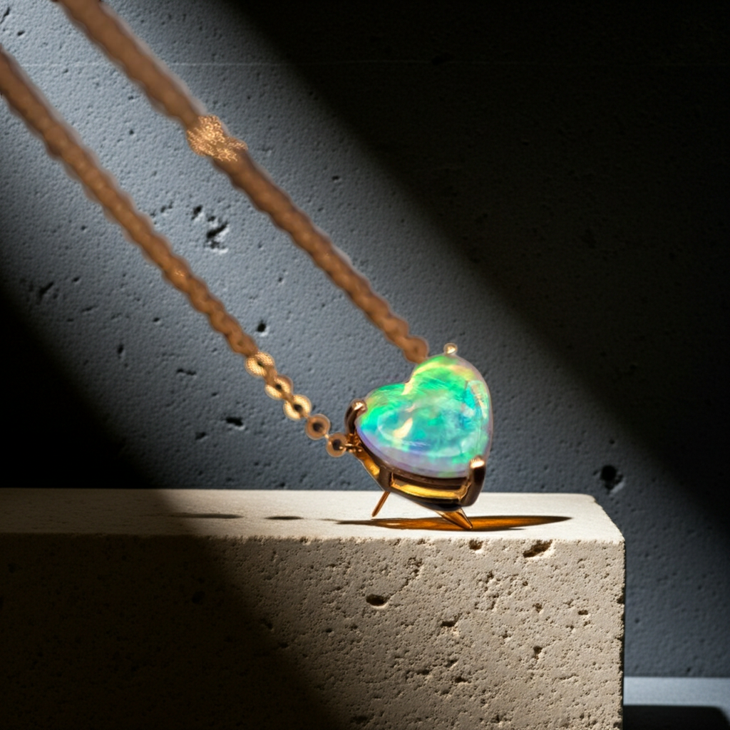 AAA+ Grade Australian Opal Fire Gemstone, 15 To 20 Mm, Opal Heart in Custom Gold-Plated Bezel