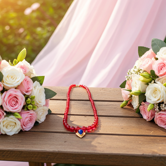 16" Graduated Beaded Garnet Necklace with Blue Accent Stone Pendant.