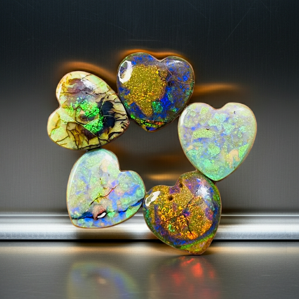AAA+ Grade Australian Opal Fire Gemstone, 15 To 20 Mm, Opal Heart in Custom Gold-Plated Bezel