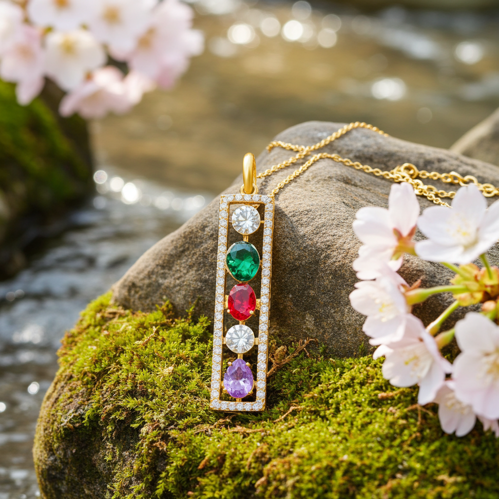 Custom Multi Gemstone Pendant in Rectangular Gold-Plated Bezel