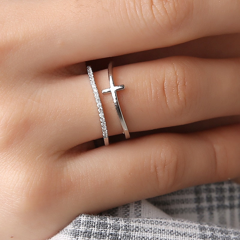 Rose Gold Cross Inlay Adjustable Ring - Trendy Design