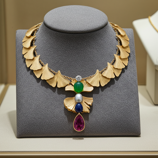 Custom Gold-plated Ginkgo Leaf Bib Necklace with Gemstones