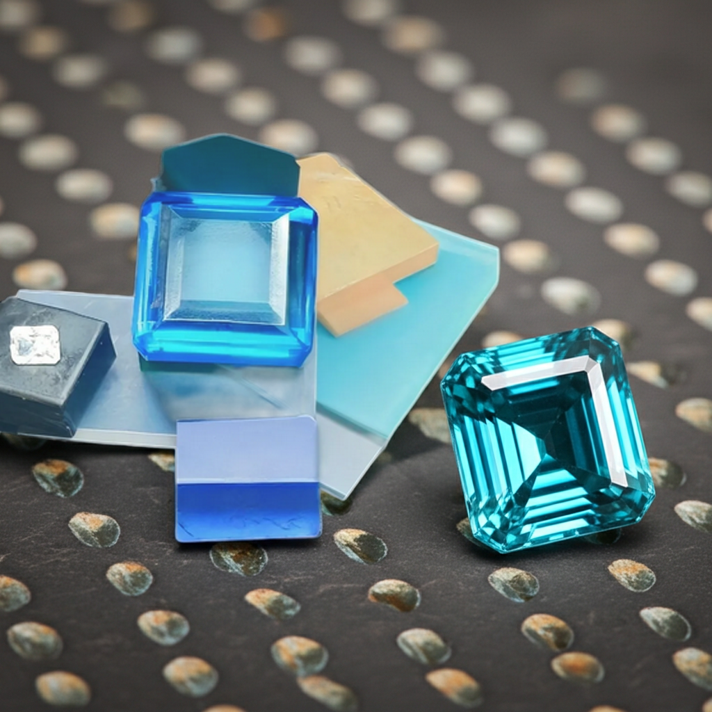 Customize your own with Raw Nano Gemstones including 3 Carat Emerald Cut Moissanite & a 10 Carat Square cut  Faceted Blue Topaz