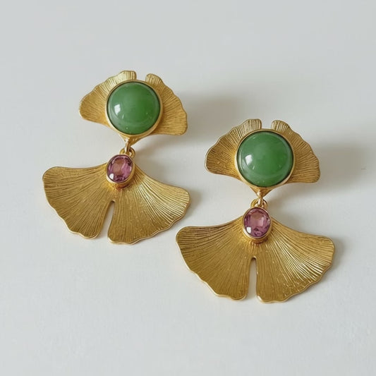 Jade and Gemstone Gold-plated post Ginkgo Leaf earrings