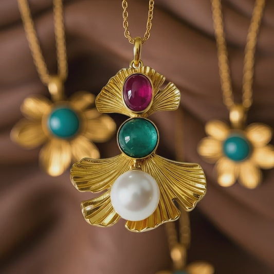 Gold-plated Ginkgo Leaf Gemstone and Pearl Pendant