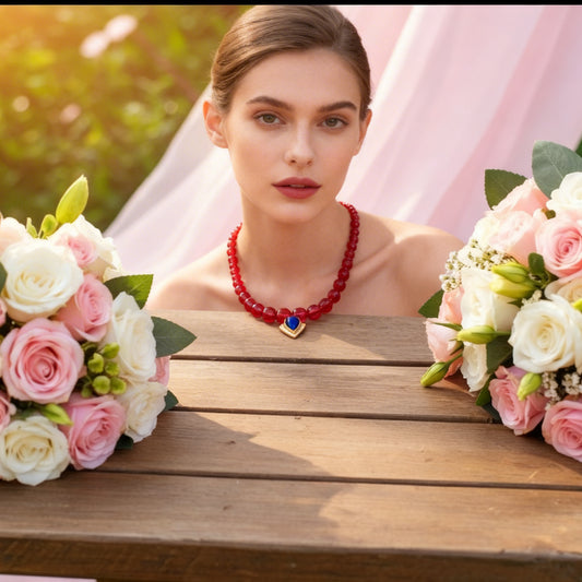 16" Graduated Beaded Garnet Necklace with Blue Accent Stone Pendant.