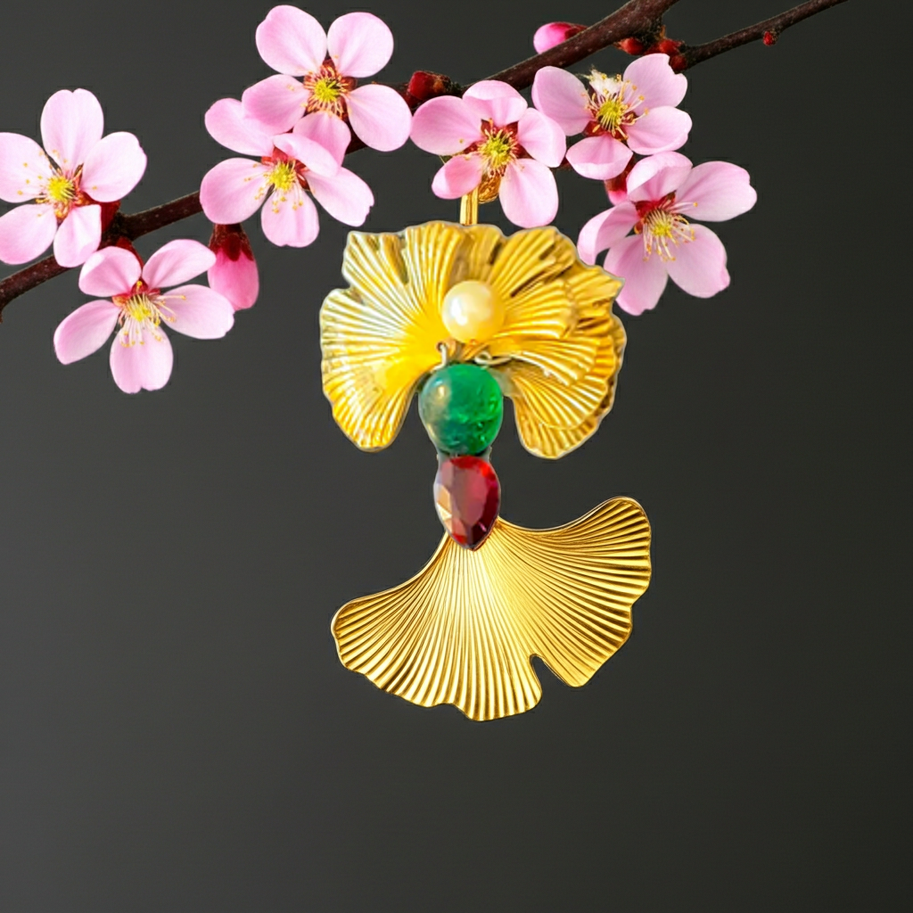 3" Gold-Plated Ginkgo Leaf Pendant with 6mm Cultured Pearl Inset over 5 Carat Cabachon Emerald and 5 Carat Pearl Shaped Ruby