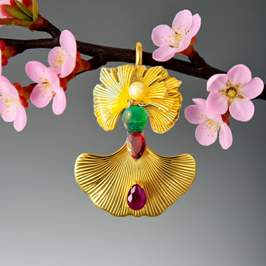 3" Gold-Plated Ginko Leaf Pendant with 6mm Cultured Pearl Inset over 5 Carat Cabachon Emerald and 5 Carat Pearl Shaped Ruby